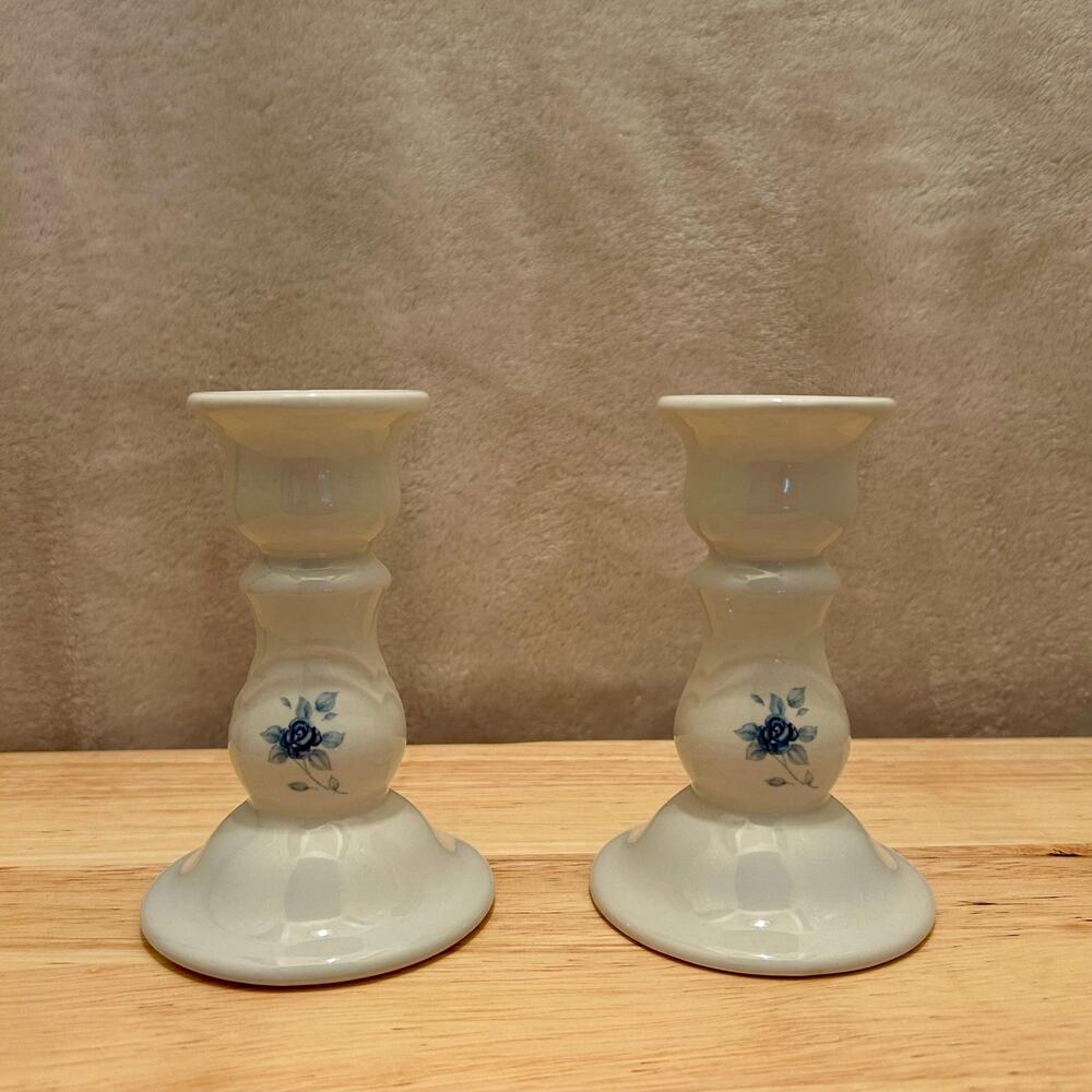 Vintage Pfaltzgraff Blue Rose Candlestick Holders Pair - Heirloom White Ceramic